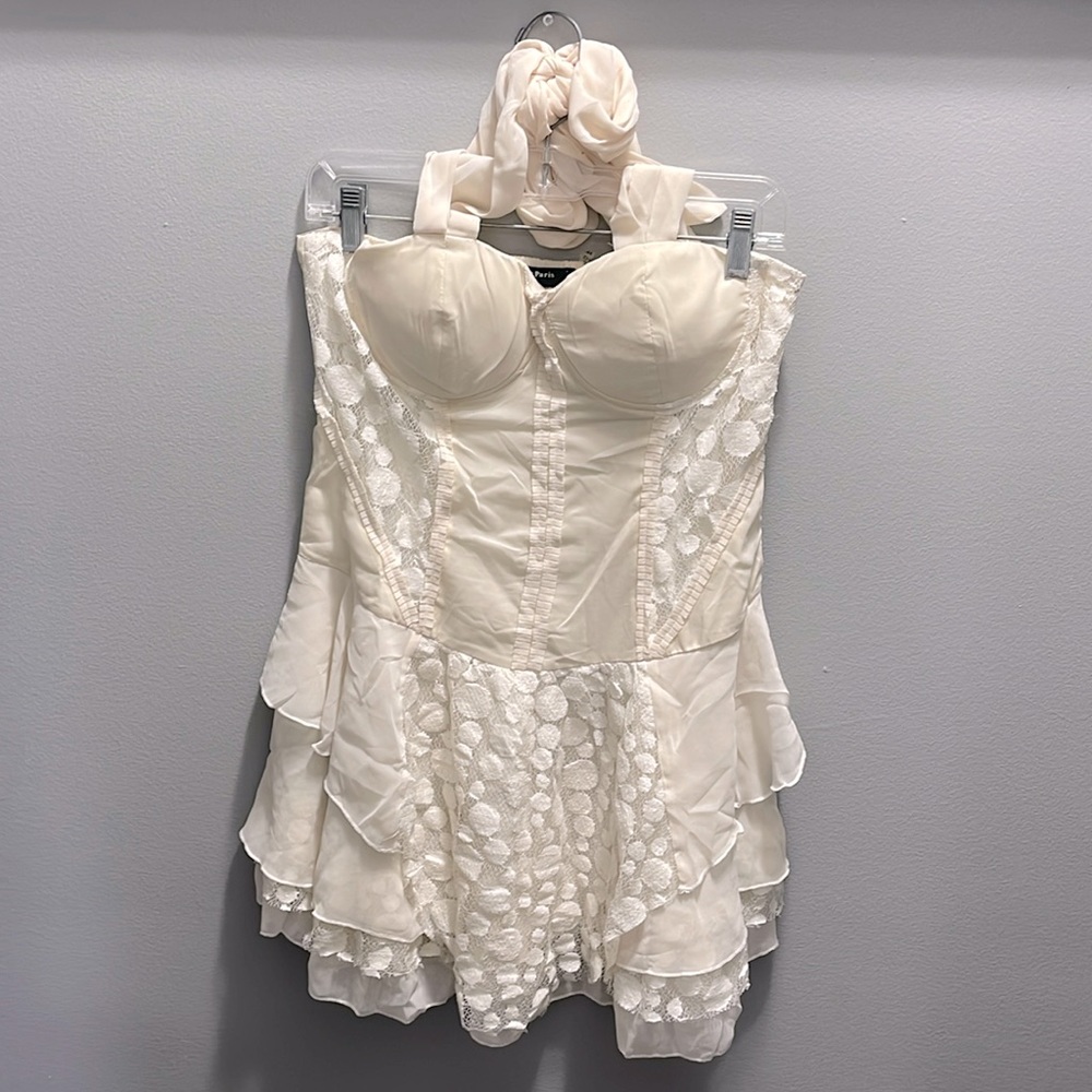Janet Paris Women's Cream Halter Sheath Polka Dot‎ Tiered Sundress Size M